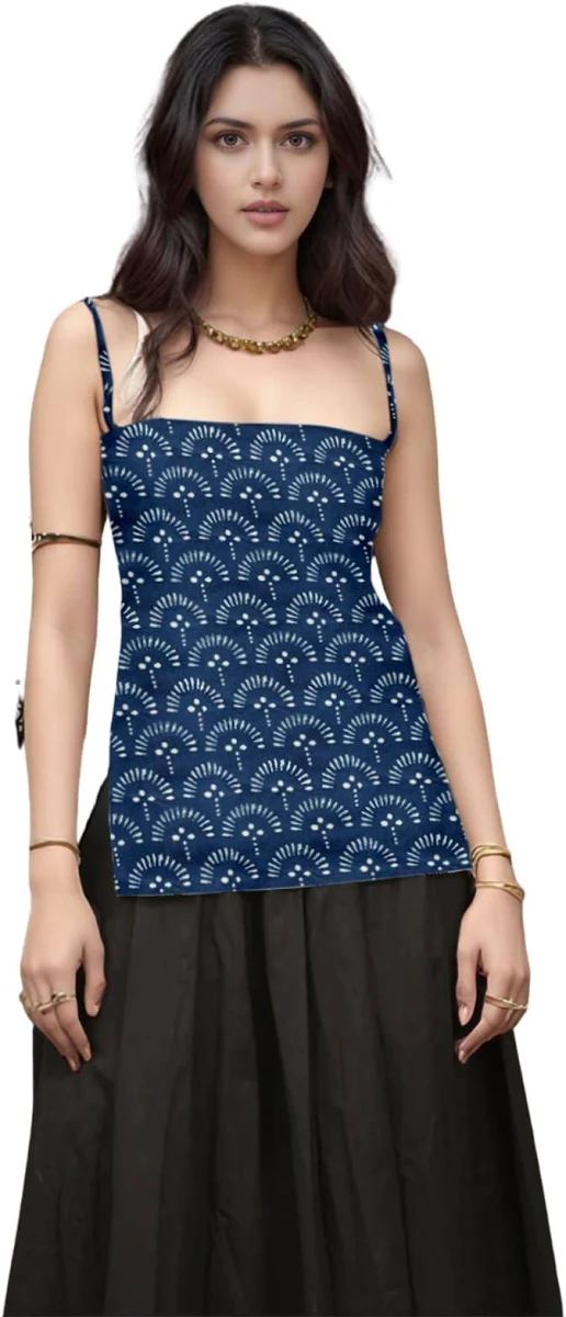 Aahwan Black Printed Square Neck Sleeveless Backless Short Indo-Western Ethnic Kurti Top for Women's Girl's &